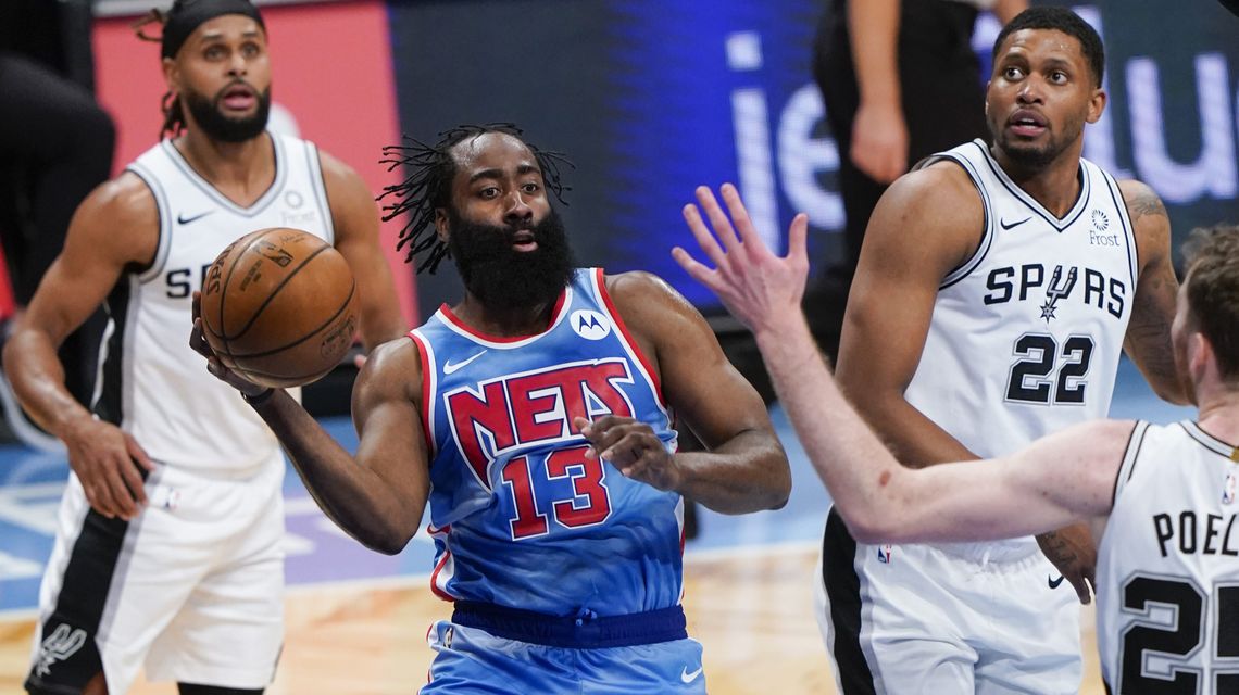 Harden returns to score 18 points, Nets beat Spurs 128-116