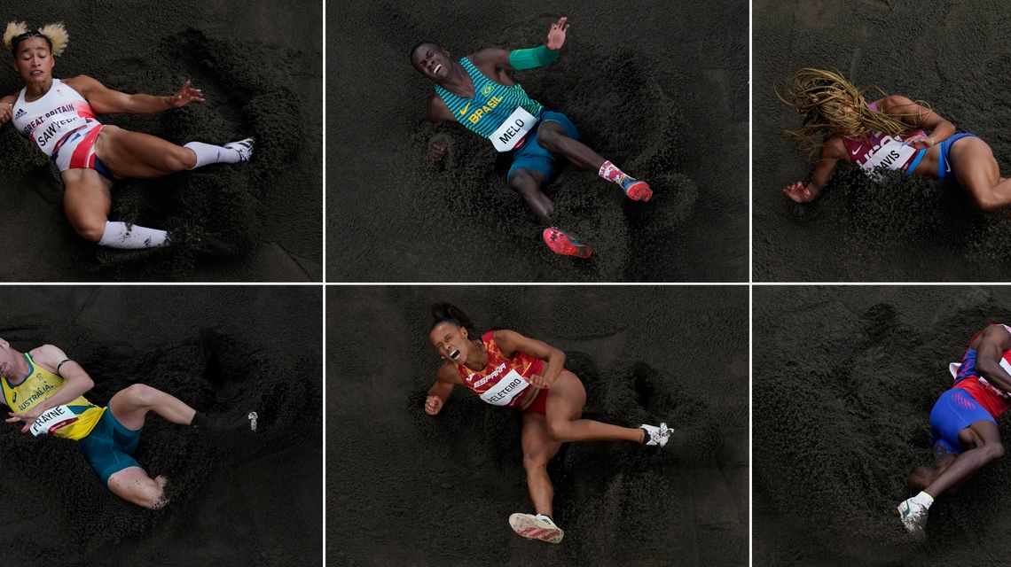 AP PHOTOS: Olympic jumpers return to Earth in spray of sand
