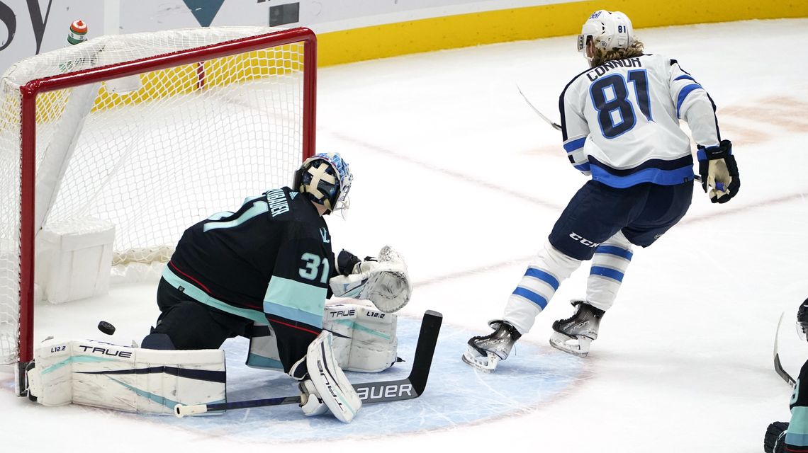 Connor, Hellebuyck power Jets to 3-0 win over Kraken