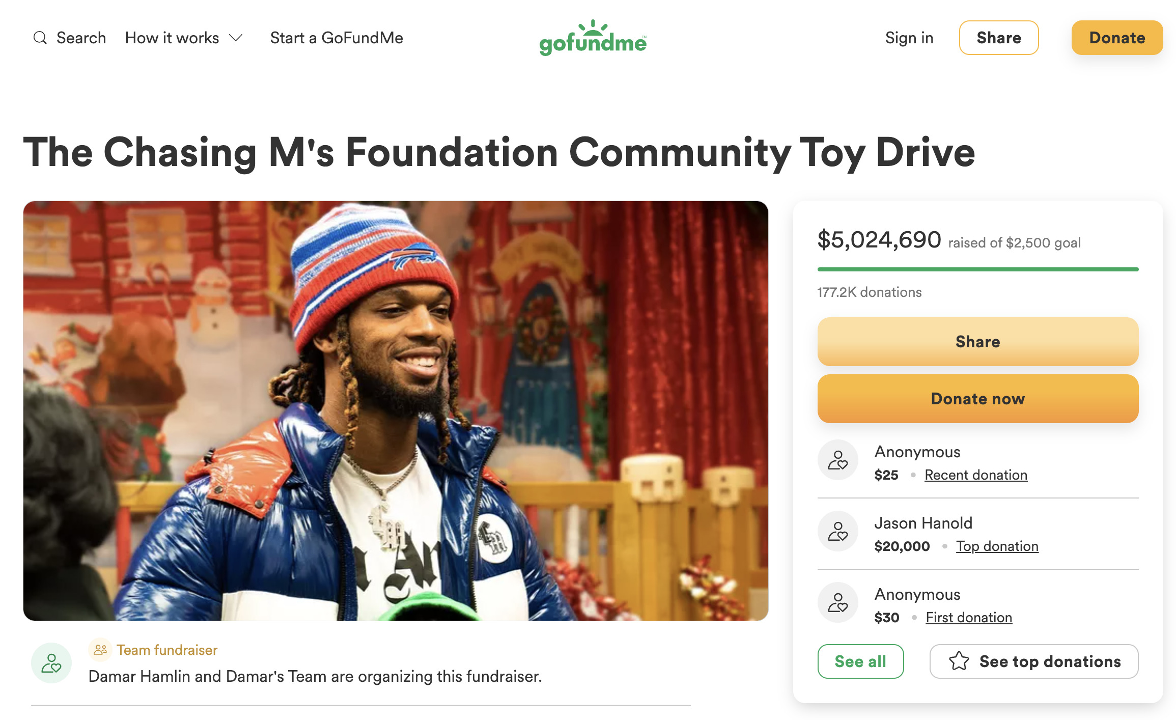 Damar Hamlin's toy drive fundraiser tops $3 million in donations