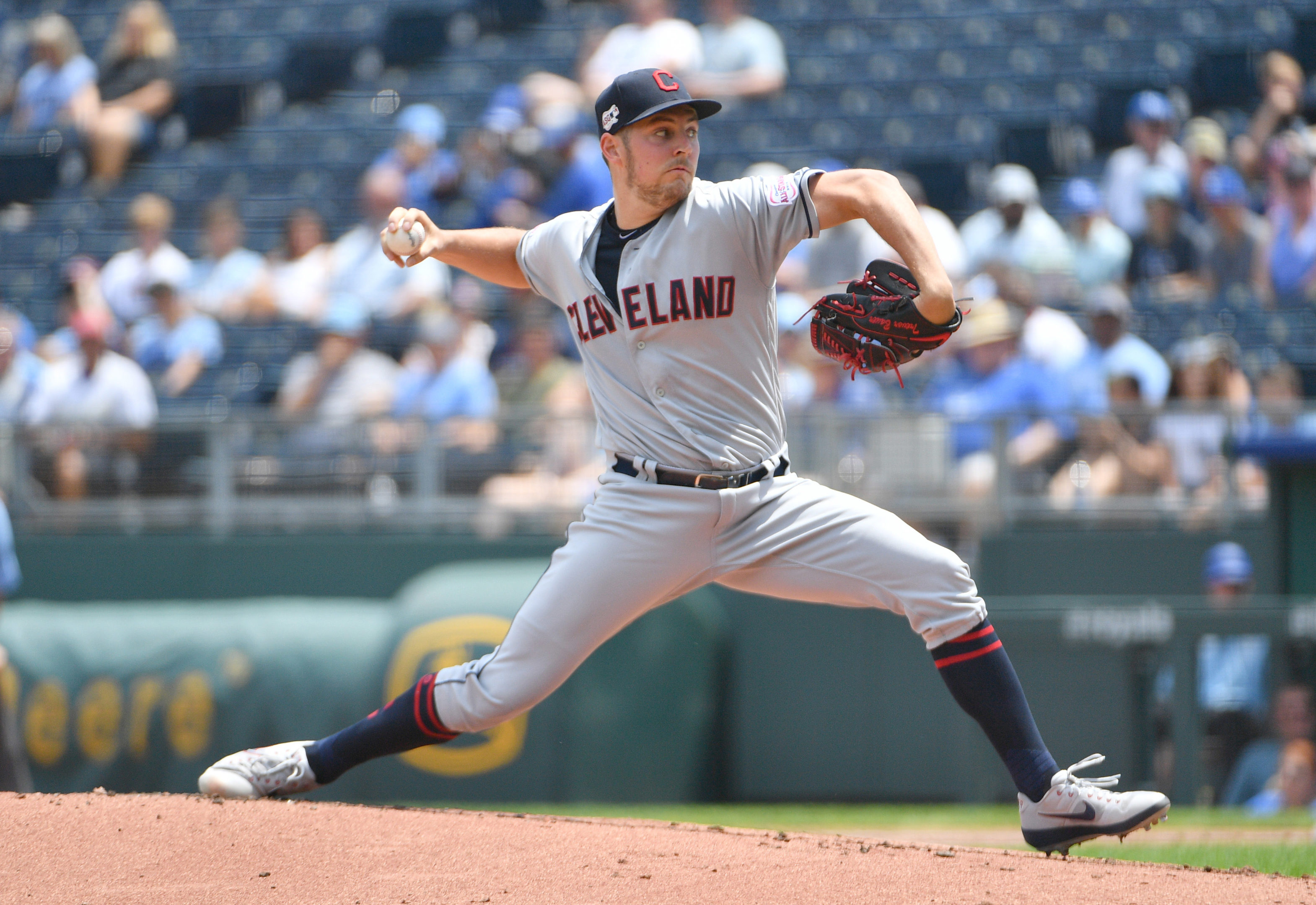 Cleveland Indians starting pitcher Trevor Bauer delivers a pitch against the Kansas City Royals.