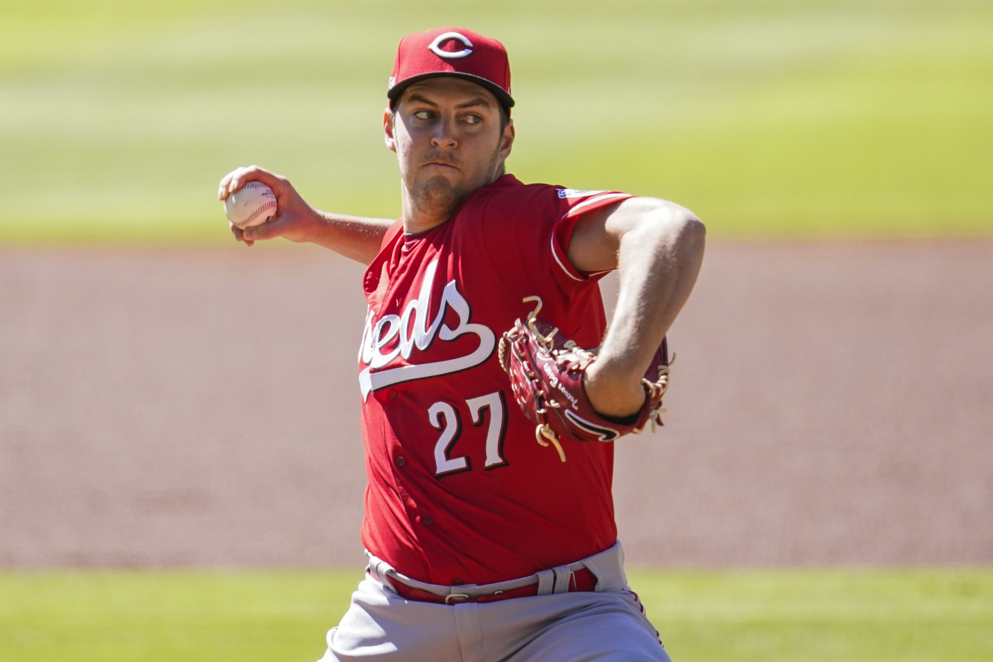 Cincinnati Reds starting pitcher Trevor Bauer pitches against the Atlanta Braves.