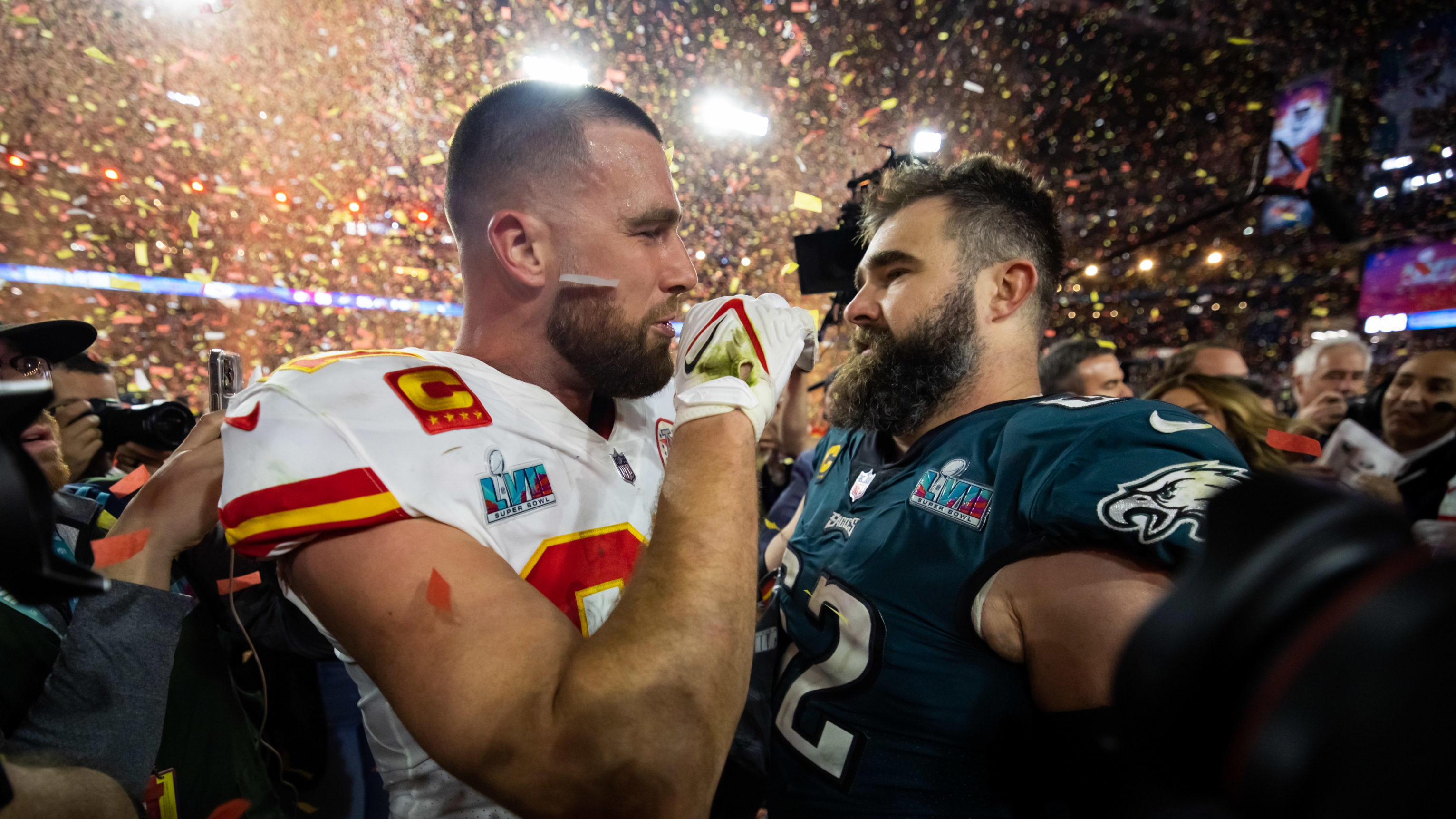 Travis and Jason Kelce Share a Big Brotherly Hug on the Super Bowl