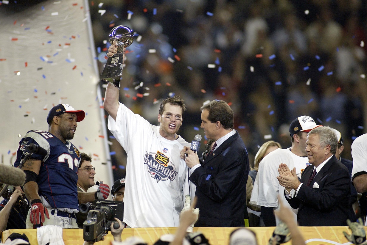 Tom Brady winning Super Bowl XXXVIII with New England Patriots.