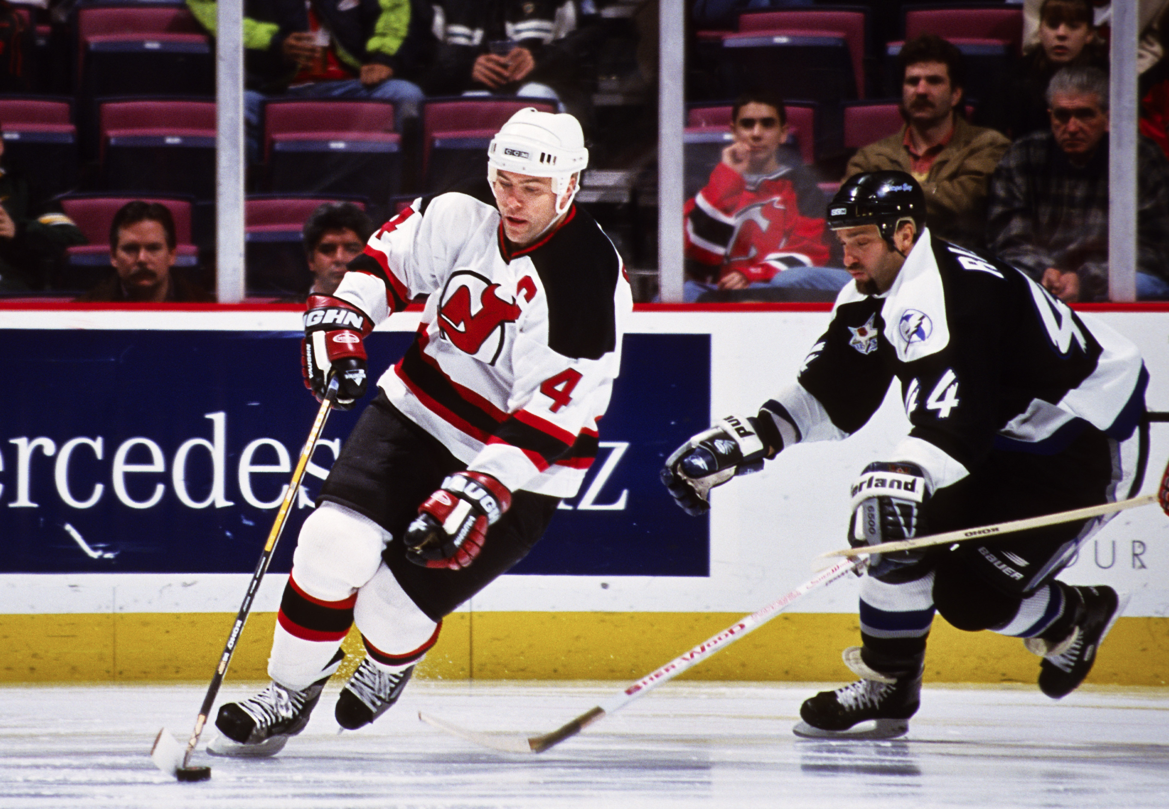 Former New Jersey Devils captain Scott Stevens skates on the ice